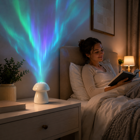 Mushroom Aurora Projection Lamp – Green and Purple Northern Lights Projector for Bedroom, Living Room and Kids’ Room