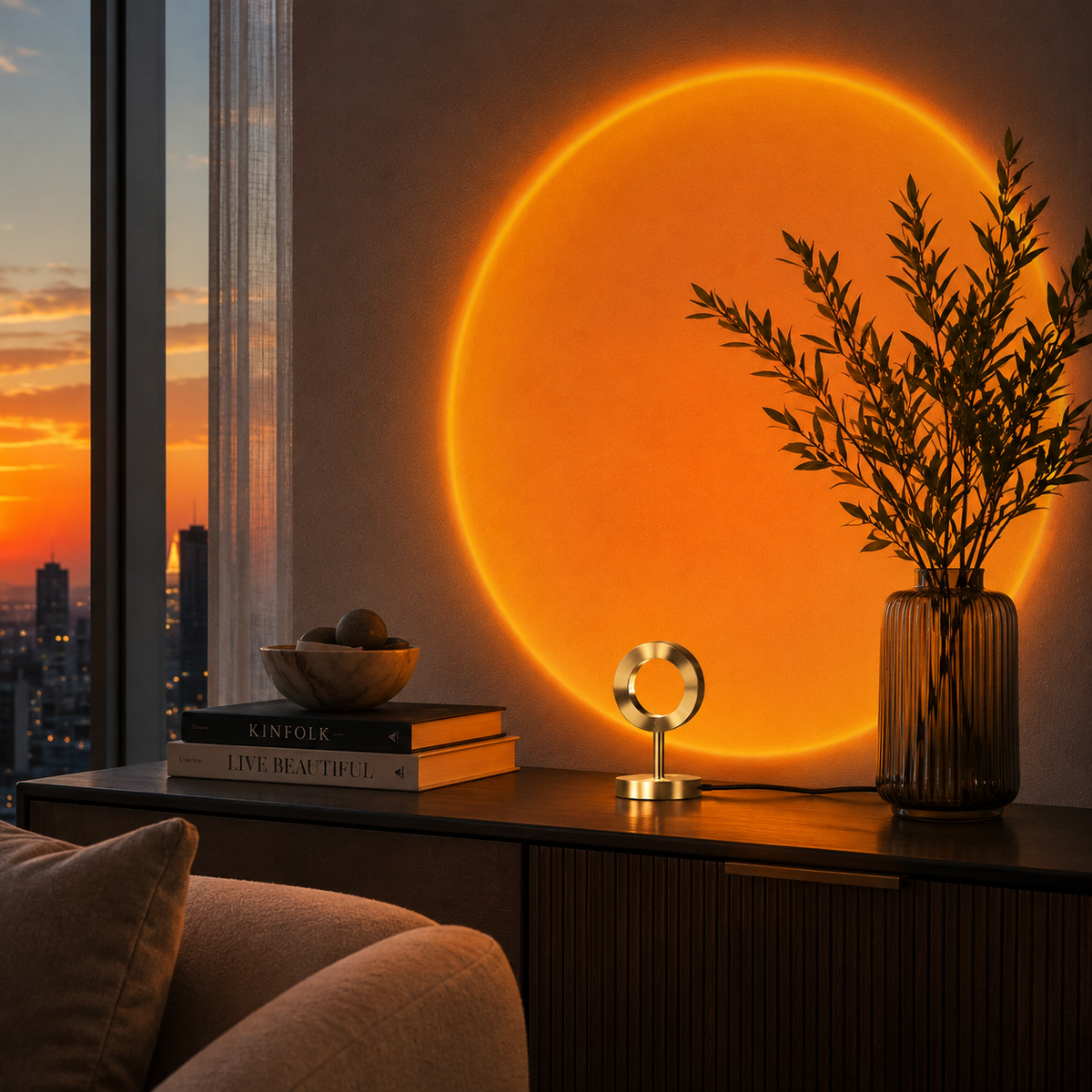 Golden Sunset Halo Projection Lamp – Large Orange Sun Wall Projector for Bedroom, Living Room and Relaxing Spaces