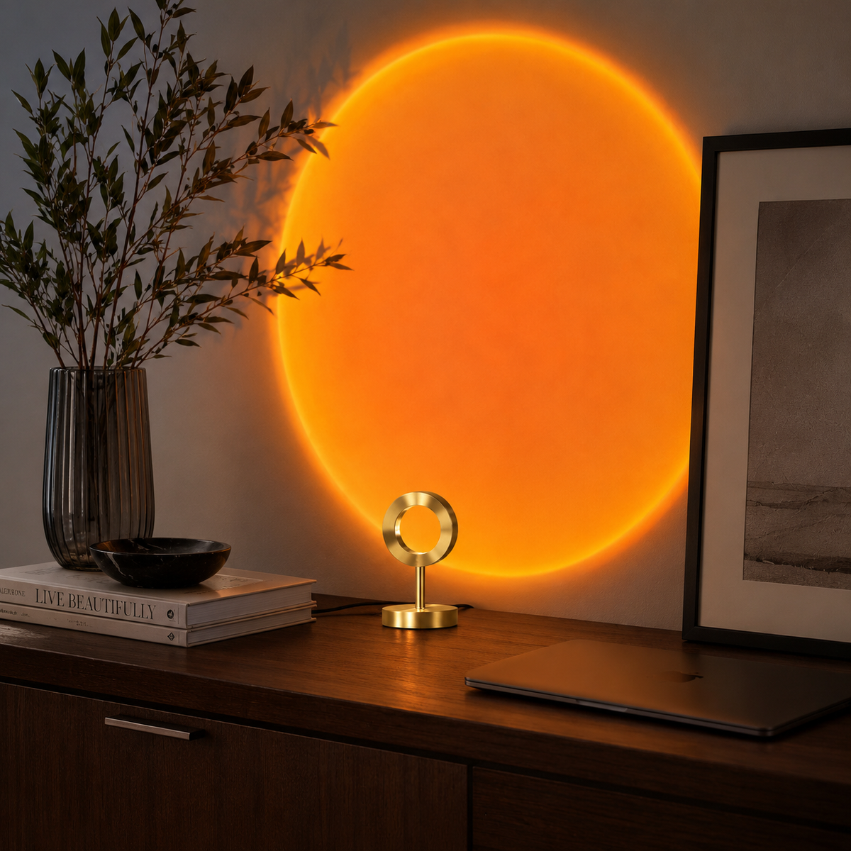 Golden Sunset Halo Projection Lamp – Large Orange Sun Wall Projector for Bedroom, Living Room and Relaxing Spaces