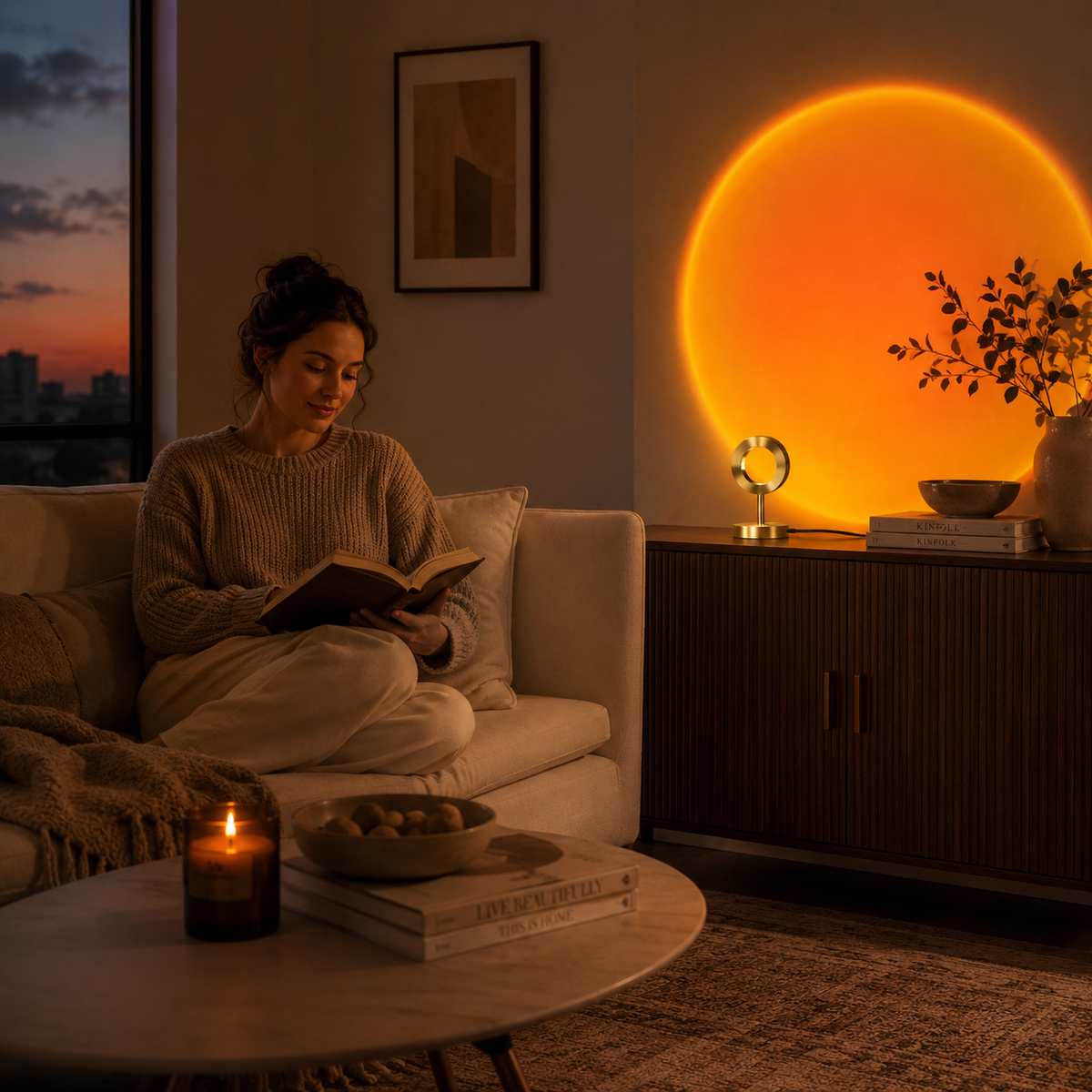 Golden Sunset Halo Projection Lamp – Large Orange Sun Wall Projector for Bedroom, Living Room and Relaxing Spaces