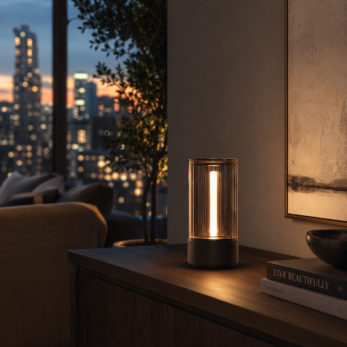 Modern Cylinder Ambient Table Lamp – Warm Bedside Light for Bedroom, Living Room and Office