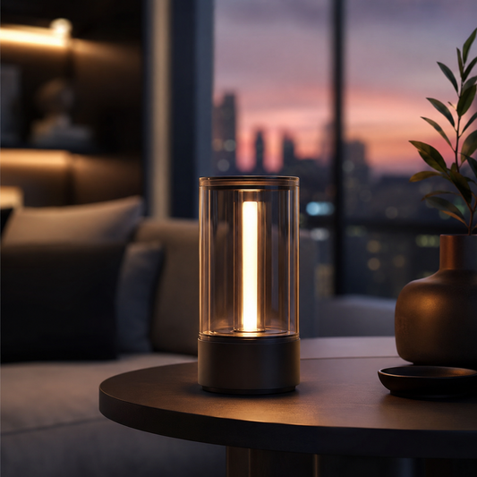 Modern Cylinder Ambient Table Lamp – Warm Bedside Light for Bedroom, Living Room and Office