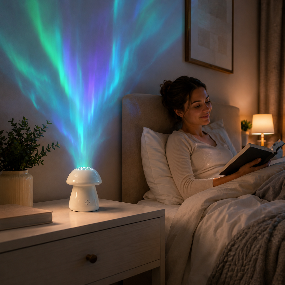 Mushroom Aurora Projection Lamp – Green and Purple Northern Lights Projector for Bedroom, Living Room and Kids’ Room