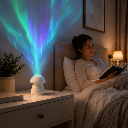 Mushroom Aurora Projection Lamp – Green and Purple Northern Lights Projector for Bedroom, Living Room and Kids’ Room