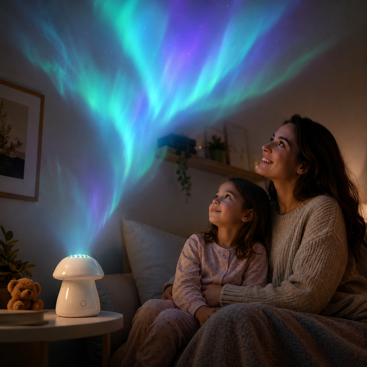 Mushroom Aurora Projection Lamp – Green and Purple Northern Lights Projector for Bedroom, Living Room and Kids’ Room