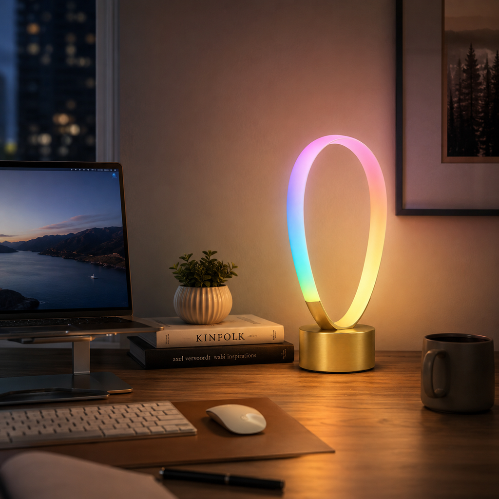 Modern Oval Gradient Ambient Table Lamp – Colorful Loop Mood Light for Bedroom, Living Room and Desk